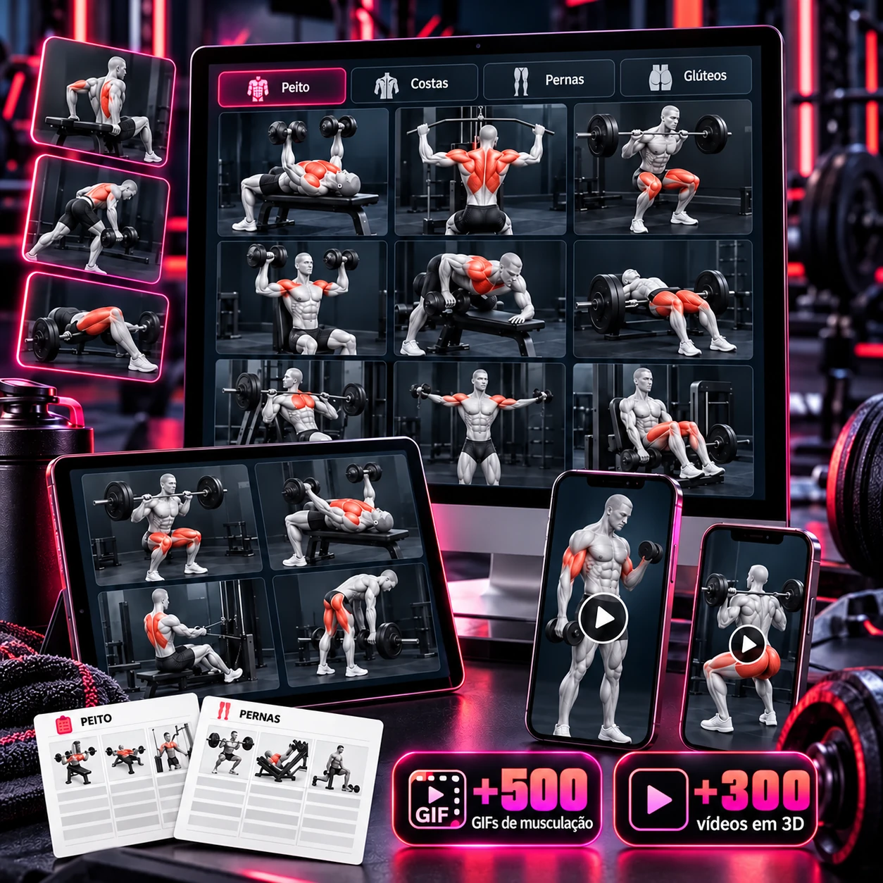 Biblioteca com GIFs de musculação, vídeos em 3D e fichas de treino prontas